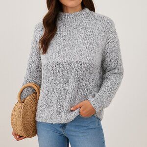 Womens L Gray Soft Fuzzy Textured Sweater Crew Neck Pullover Cozy Knit Top